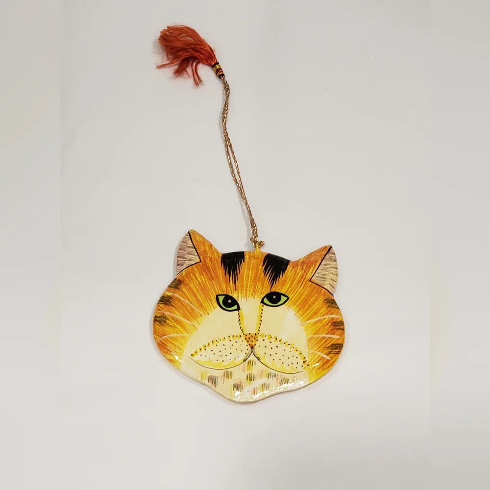Vintage Hand Painted Wood Orange Cat Ornament